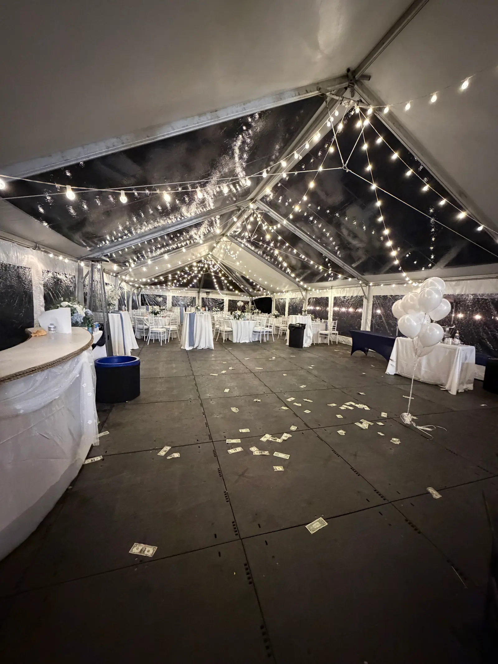 Dance floor covered in money after a traditional Greek money dance