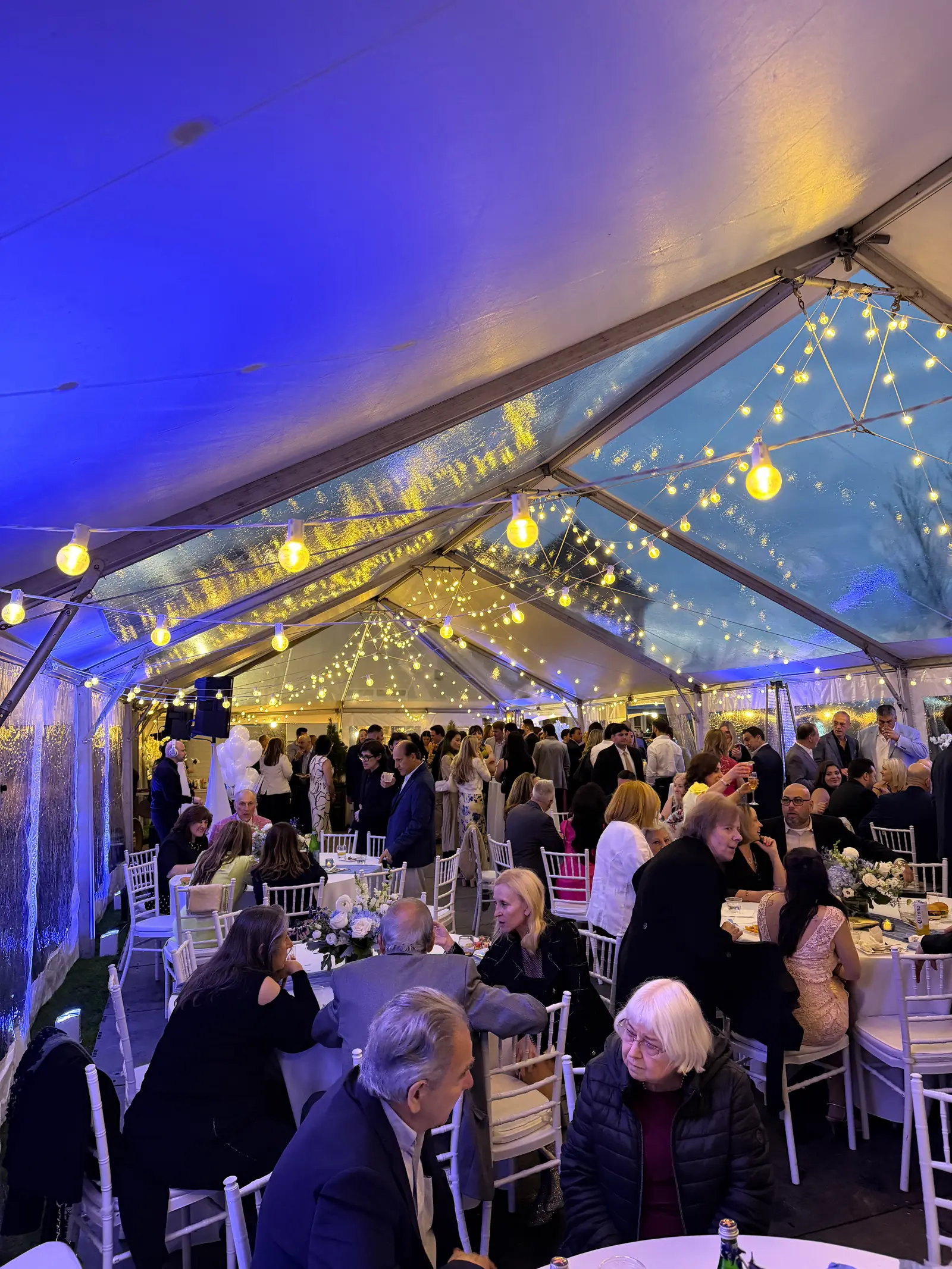 Evening reception under string lights with blue uplighting